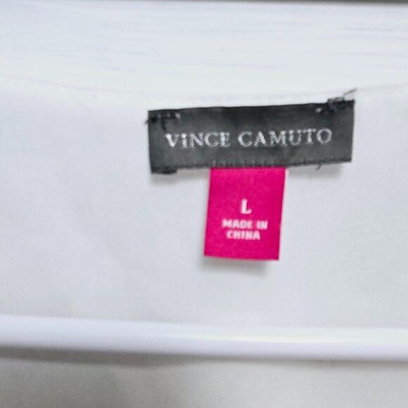 NWT VINCE CAMUTO WOMENS FOILED SMOCKED-HEM PUFF SLEEVES NEW IVORY TUNIC TOP L - Picture 8 of 11